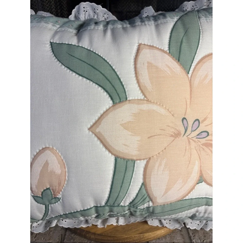 Vintage Oversized Quilted Tiger Lilly Decorative Pillow w/Ruffle CottageCore 80s
